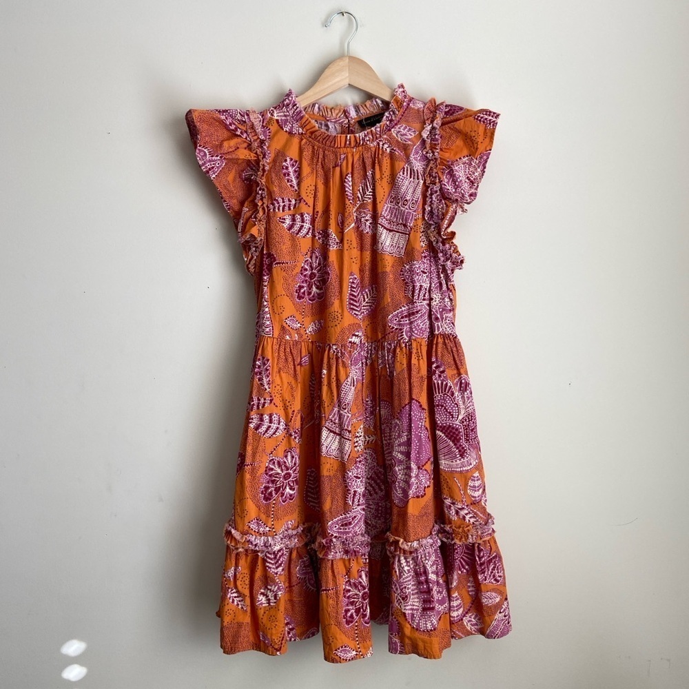 House of Harlow 1960 Orange Floral Bird Boho Tiered Mini Dress Ruffle